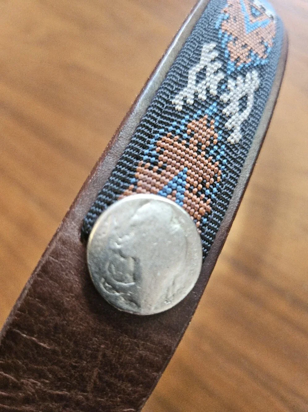 Vintage BATES Leather Brown Western Belt Tribal Needlepoint & Buffalo Nickel 28